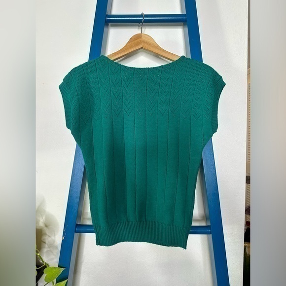 Vintage 1980s Private Stock Turquoise Green Cap Sleeve Knit Sweater Top - Picture 1 of 5